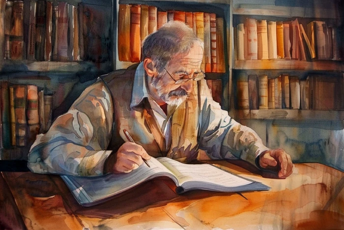 old man reading play competitions on a library