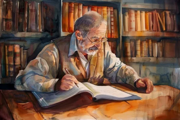 old man reading play competitions on a library
